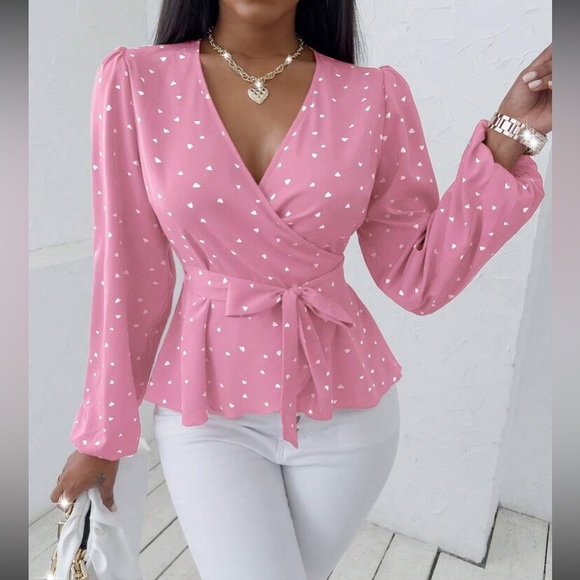 Hearts print belted peplum blouse - Picture 1 of 16